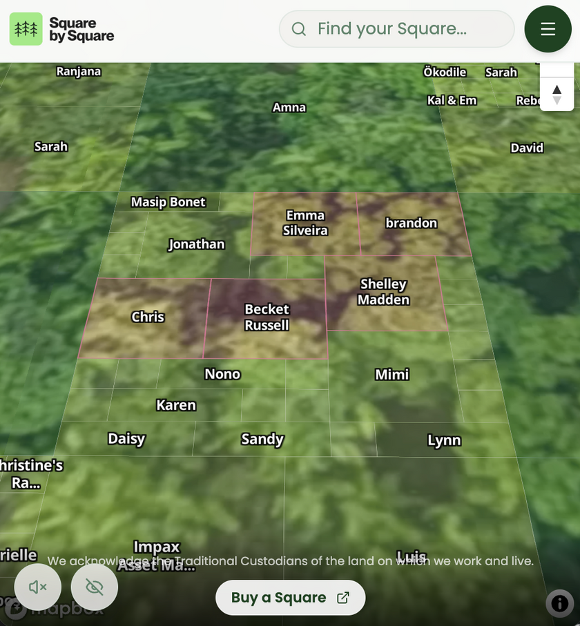 Interactive forest map divided into labelled squares showing names of supporters and available plots.