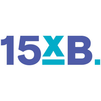 Flat vector graphic of the "15xB" logo in blue and teal, featuring bold lettering with a teal cross and underline.