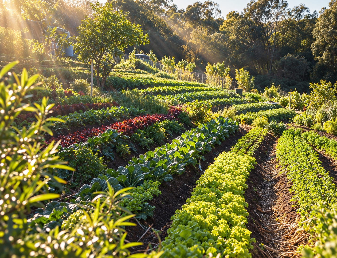 Rows of leafy vegetables growing on a sunlit hillside farm.