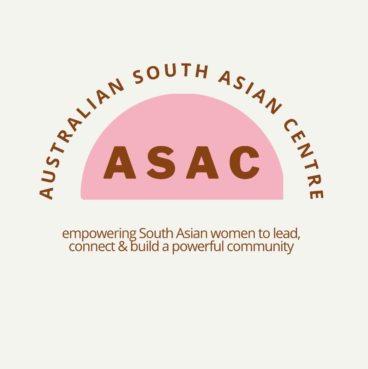 Logo for the Australian South Asian Centre featuring pink and brown text promoting leadership and community.