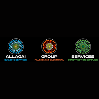 Three colourful Indigenous dot art circles in blue, orange and green on a black background, representing Allagai Building Services, Group Plumbing & Electrical, and Services Construction Supplies.