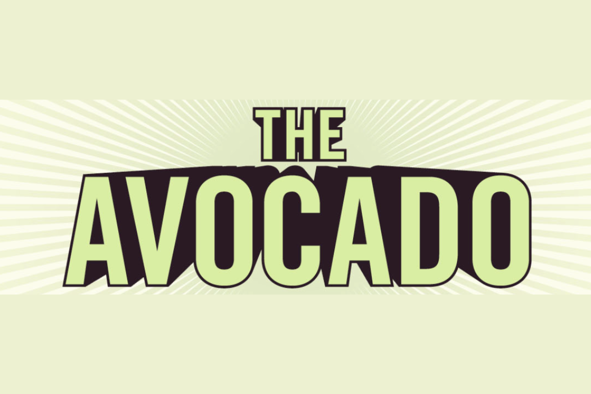 Bold retro-style logo reading "The Avocado" in green block letters with a dark drop shadow, on a pale green sunburst background.
