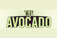 Bold retro-style logo reading "The Avocado" in green block letters with a dark drop shadow, on a pale green sunburst background.