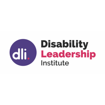 "Disability Leadership Institute" in dark and pink bold text beside a purple circle with "dli" in white, on a white background