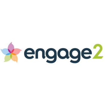 "engage2" in navy and green lowercase text beside a multicoloured pastel flower emblem, on a white background