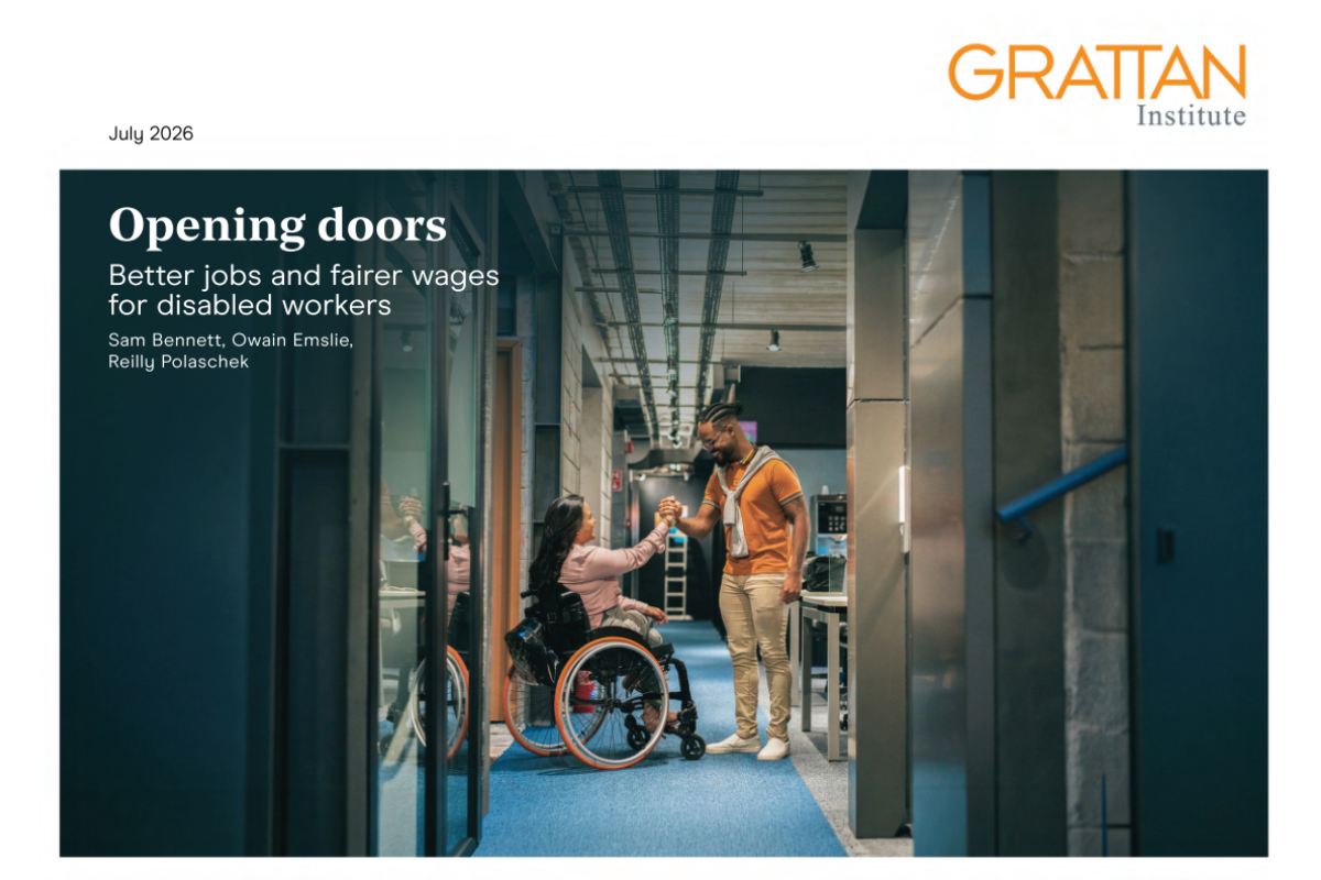 Grattan Institute report cover titled "Opening doors: Better jobs and fairer wages for disabled workers," showing a woman in a wheelchair sharing a high-five with a colleague in an office corridor.