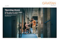 Grattan Institute report cover titled "Opening doors: Better jobs and fairer wages for disabled workers," showing a woman in a wheelchair sharing a high-five with a colleague in an office corridor.