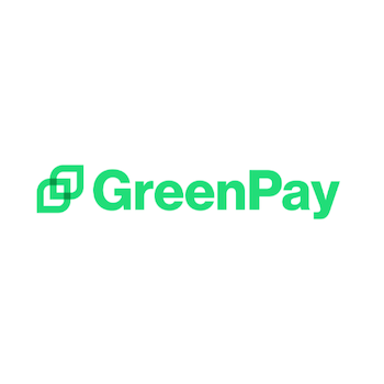Green wordmark logo reading "GreenPay" beside an abstract icon of two overlapping squares.