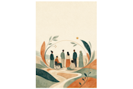 Soft watercolour illustration of a diverse group of people, including a man in a wheelchair, standing together within an arched frame of leaves over a landscape of rolling hills, symbolising community and belonging.