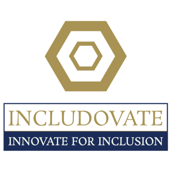 "Includovate - Innovate for Inclusion" in gold and navy text beneath a gold concentric hexagon emblem, on a white background.