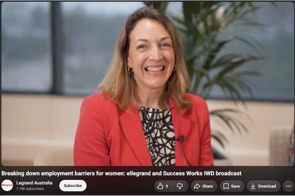 YouTube video screenshot from Legrand Australia titled "Breaking down employment barriers for women: ellegrand and Success Works IWD broadcast," showing a smiling woman in a red blazer speaking on camera.