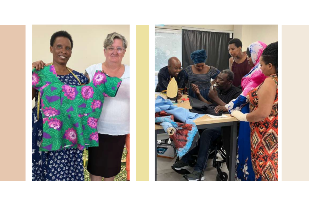 Two photos side by side: on the left, two women hold up a bright patterned garment; on the right, a group gathers around a table sewing and discussing clothing, with fabrics and tools visible.