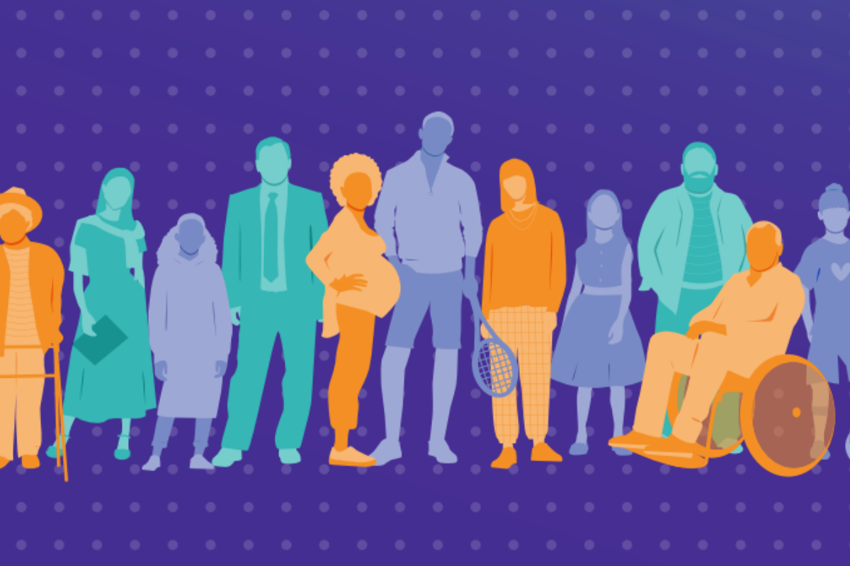 Flat illustration of a diverse row of figures in orange, teal and lavender, including an elderly person with a cane, a pregnant woman, and a man in a wheelchair, on a purple polka-dot background, symbolising diversity and inclusion.