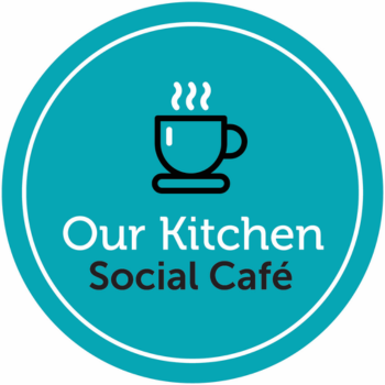 Circular teal badge logo with a white outline of a steaming coffee cup above the text "Our Kitchen Social Café" in white and black.
