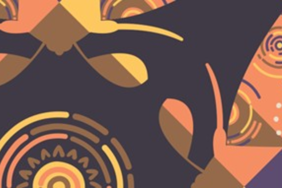 A contemporary Indigenous-style graphic illustration featuring stylised birds, concentric circles and leaf shapes in warm tones of orange, yellow and brown against a dark navy background.
