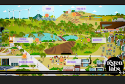 Illustrated animated map of a sustainable community showing labelled zones for energy, food and agriculture, biodiversity, circular manufacturing, health and wellbeing, and governance, with a "Regen Labs" logo in the corner.