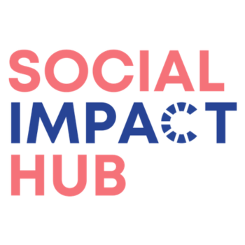 "Social Impact Hub" in coral and navy bold text with a circular segmented wheel replacing the letter O, on a white background