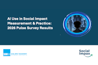 Title slide reading "AI Use in Social Impact Measurement & Practice: 2026 Pulse Survey Results" beside a circular graphic of a silhouetted figure facing a digital data backdrop, with SIMNA and Social Impax logos below.