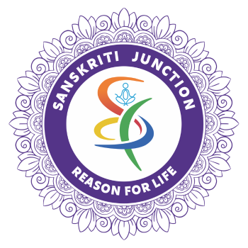 Sanskriti Junction logo, "Reason for Life," with a colourful abstract figure inside a purple mandala border.
