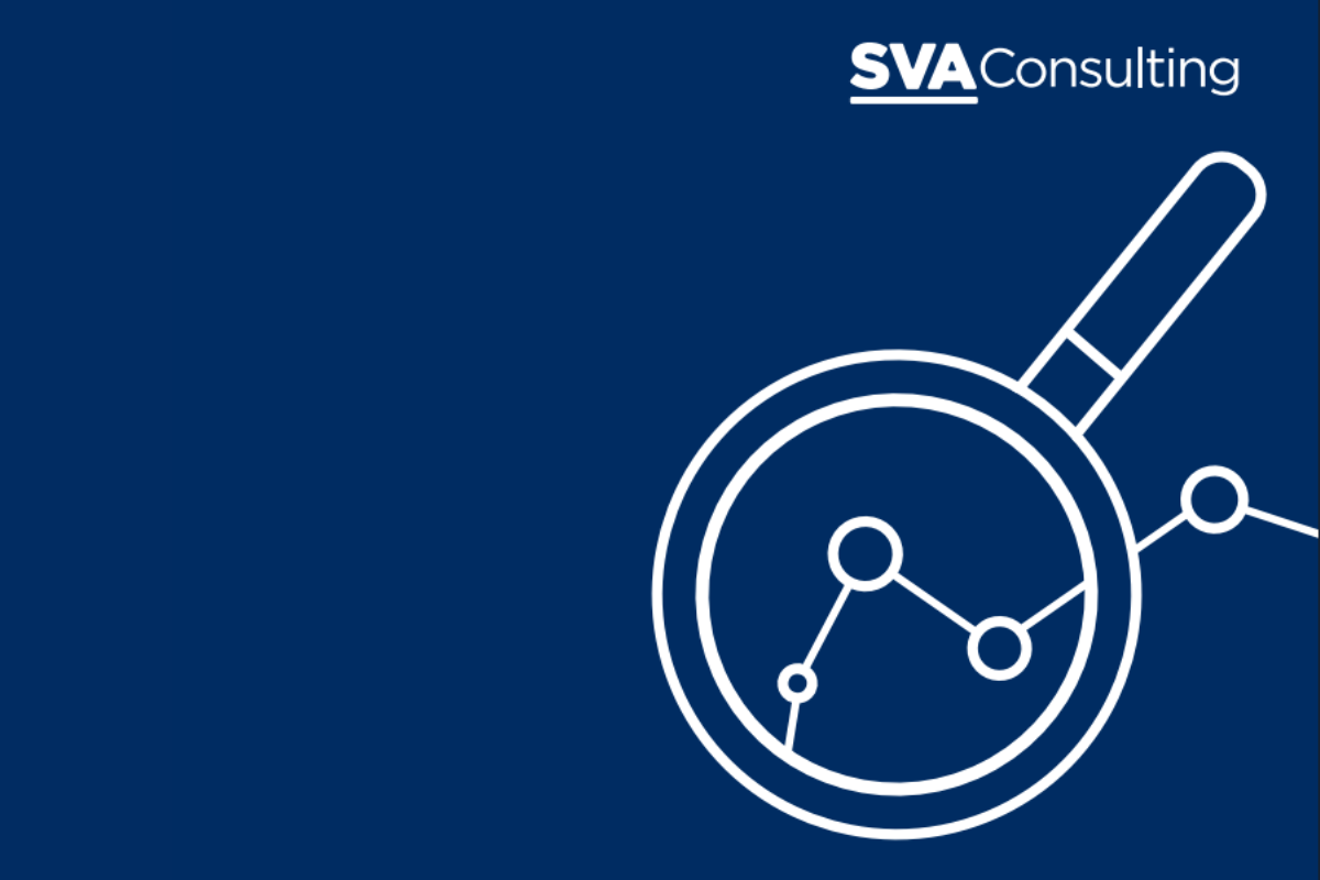 White line icon of a magnifying glass over a data trend graph, with the "SVA Consulting" logo in the top corner, on a navy background.