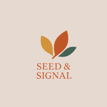 Flat vector logo of three overlapping leaves in mustard, terracotta and green above the serif text "Seed & Signal" on a soft beige background.