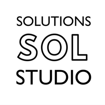 "Solutions Sol Studio" in black outline bold lettering, on a white background