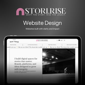 Stori.Rise Website Design service — a tablet displaying a client website with the tagline "I build digital spaces for stories that matter."