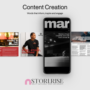 Stori.Rise Content Creation service — a smartphone and social media tiles showing storytelling and editorial content.