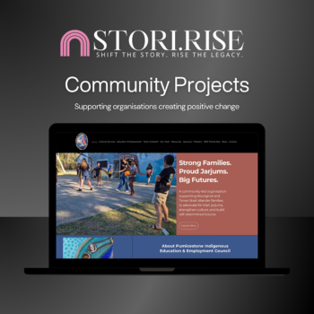 Stori.Rise Community Projects service — a laptop displaying a client website for an Indigenous education and employment organisation.