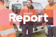 "Insights Report" cover image showing three workers in orange hi-vis workwear standing in front of a truck, with the title overlaid on a pink banner.