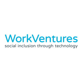 Wordmark logo reading "WorkVentures" in blue with the tagline "social inclusion through technology" beneath it, on a white background.