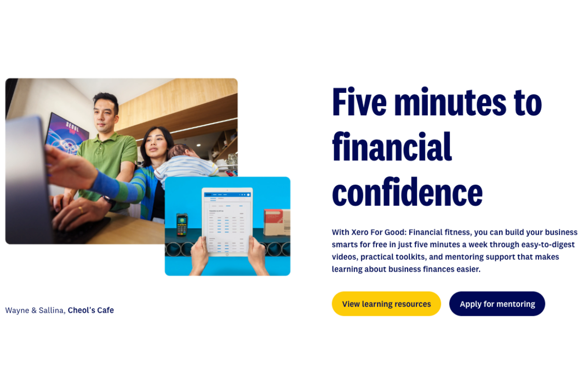 "Xero For Good: Financial fitness" webpage banner with the headline "Five minutes to financial confidence," featuring photos of café owners Wayne and Sallina and a tablet displaying financial data.