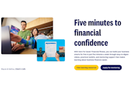 "Xero For Good: Financial fitness" webpage banner with the headline "Five minutes to financial confidence," featuring photos of café owners Wayne and Sallina and a tablet displaying financial data.