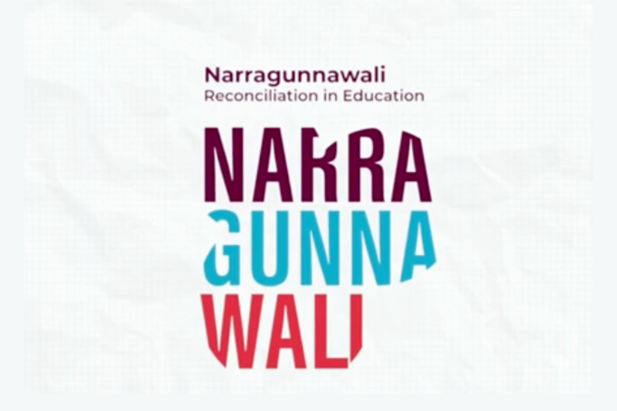 Narragunnawali: Reconciliation in Education logo, with the word "Narragunnawali" displayed in large bold lettering across three lines in purple, teal and red.