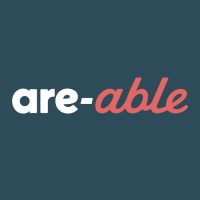 White “are-” text beside coral handwritten “able” lettering on a dark blue square background.