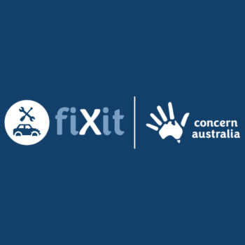 "fiXit" and "Concern Australia" in white text with a car repair icon and an open hand forming the shape of Australia, on a navy blue background.