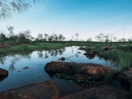 Still Top End wetland at dusk with ancient red rocks, lily pads floating on glassy water, and native grasses reflected in the calm surface